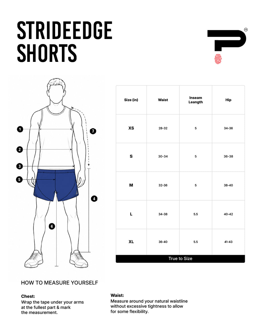 Size chart for StrideEdge Shorts