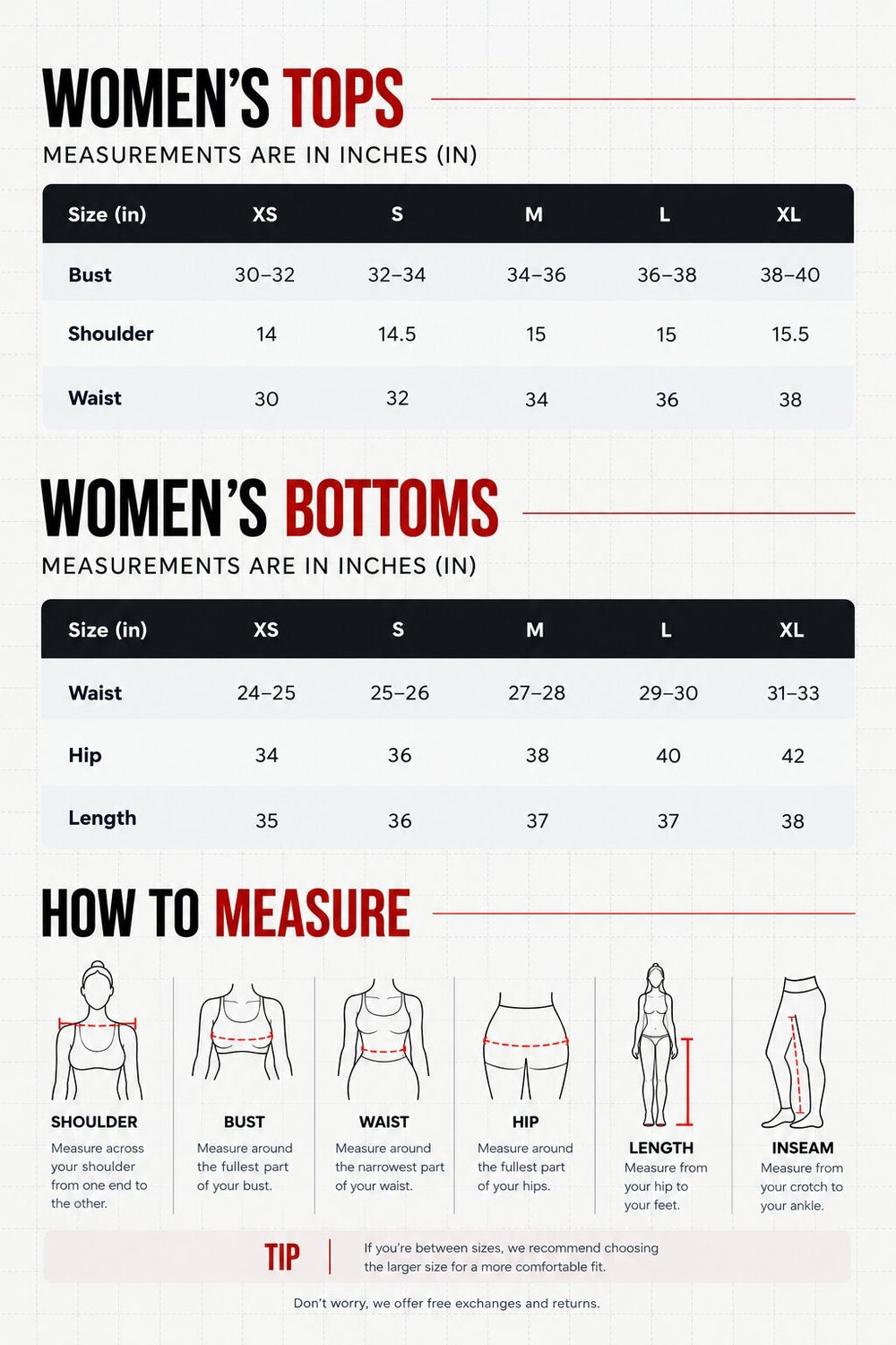 Size chart for CoreFit Cropped Top